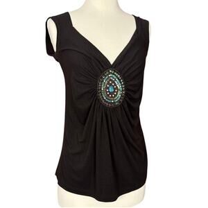 Candy Rain Womens Brown Top Large Boho Embellished Stretch Size Large L